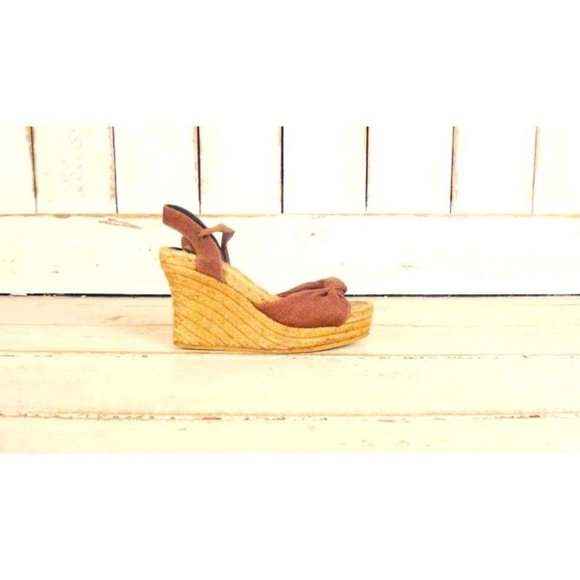 Vintage tan brown canvas open toe platform wedge espadrille sandals - Picture 1 of 4